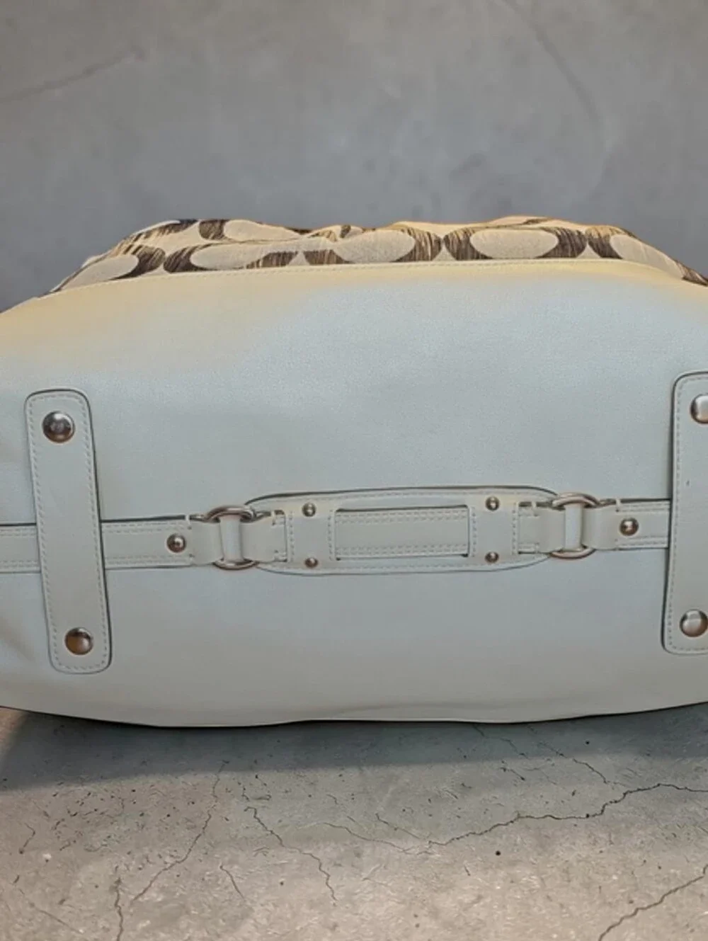 Coach Cream and Gray Signature Satchel with Leather Handles